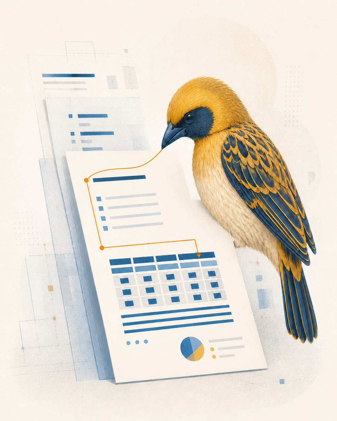A weaverbird guiding an orange reconstruction path through a structured document with headings, lists and a table